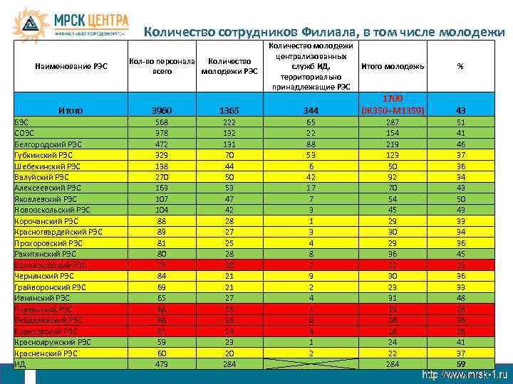 Количество сотрудников Филиала, в том числе молодежи Наименование РЭС Итого БЭС СОЭС Белгородский РЭС