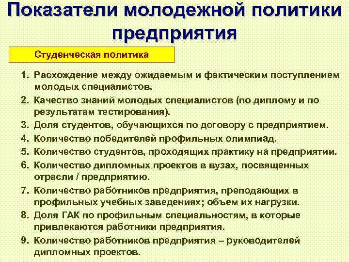 Показатели молодежной политики предприятия Студенческая политика 1. Расхождение между ожидаемым и фактическим поступлением молодых