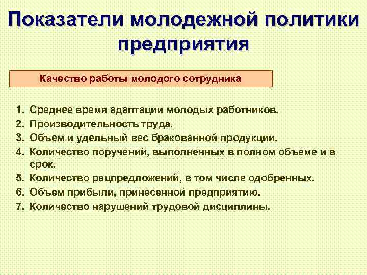 Показатели молодежной политики предприятия Качество работы молодого сотрудника 1. 2. 3. 4. Среднее время