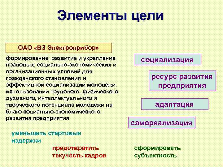 Элементы цели ОАО «ВЗ Электроприбор» формирование, развитие и укрепление правовых, социально-экономических и организационных условий