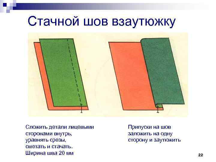 Стачной шов взаутюжку Сложить детали лицевыми сторонами внутрь, уравнять срезы, сметать и стачать. Ширина