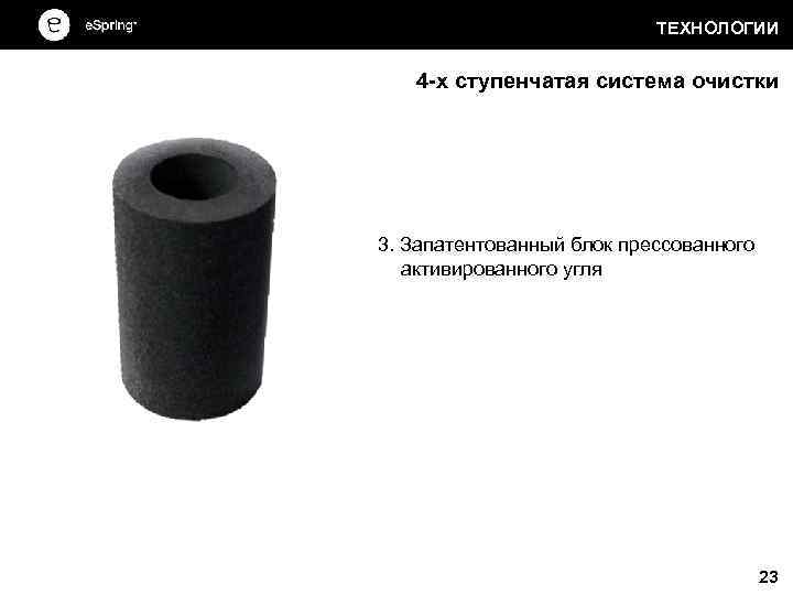 ТЕХНОЛОГИИ 4 -х ступенчатая система очистки 3. Запатентованный блок прессованного активированного угля 23 