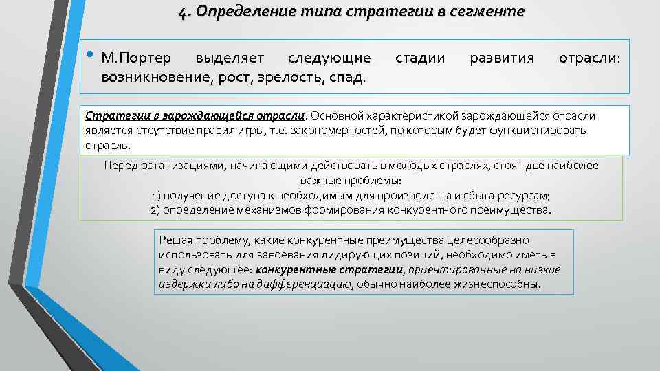 4. Определение типа стратегии в сегменте • М. Портер выделяет следующие возникновение, рост, зрелость,