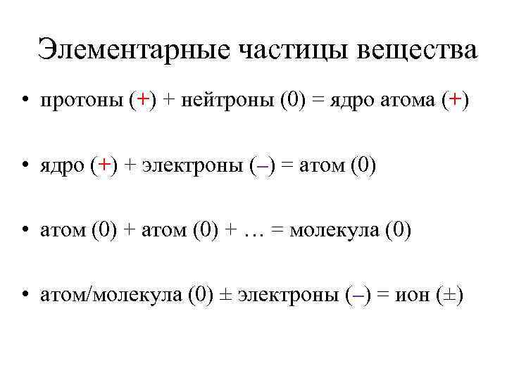 Элементарные частицы вещества • протоны (+) + нейтроны (0) = ядро атома (+) •