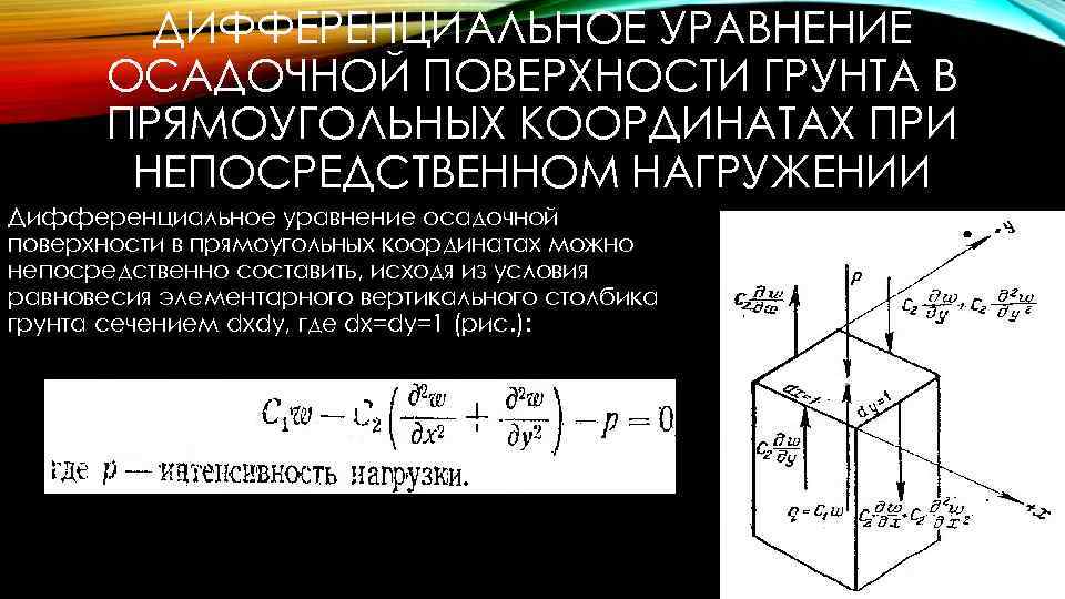 ДИФФЕРЕНЦИАЛЬНОЕ УРАВНЕНИЕ ОСАДОЧНОЙ ПОВЕРХНОСТИ ГРУНТА В ПРЯМОУГОЛЬНЫХ КООРДИНАТАХ ПРИ НЕПОСРЕДСТВЕННОМ НАГРУЖЕНИИ Дифференциальное уравнение осадочной