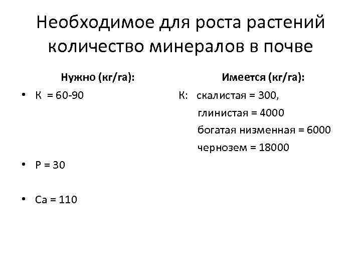 Необходимое для роста растений количество минералов в почве Нужно (кг/га): • К = 60