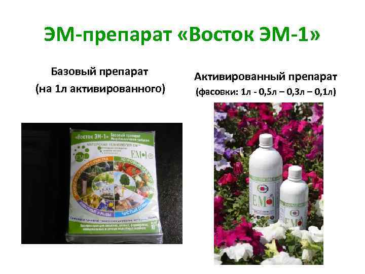 ЭМ-препарат «Восток ЭМ-1» Базовый препарат (на 1 л активированного) Активированный препарат (фасовки: 1 л