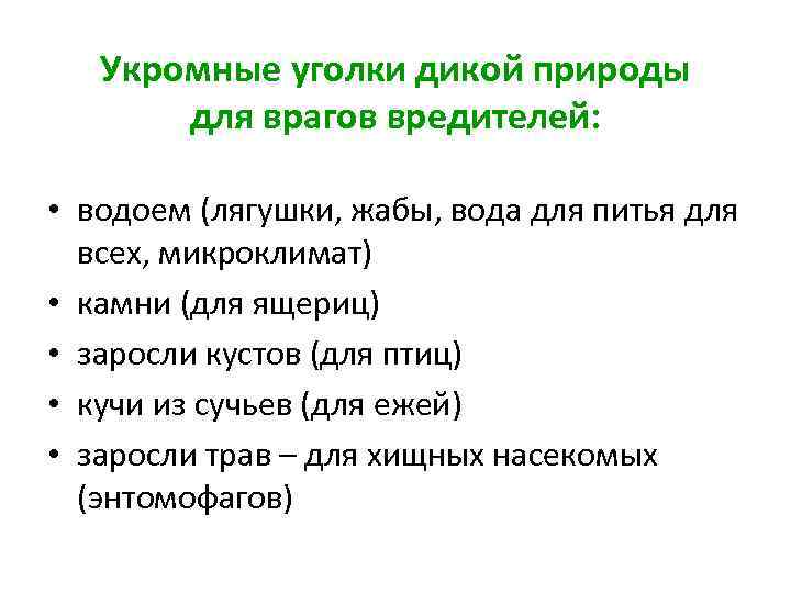 Укромные уголки дикой природы для врагов вредителей: • водоем (лягушки, жабы, вода для питья