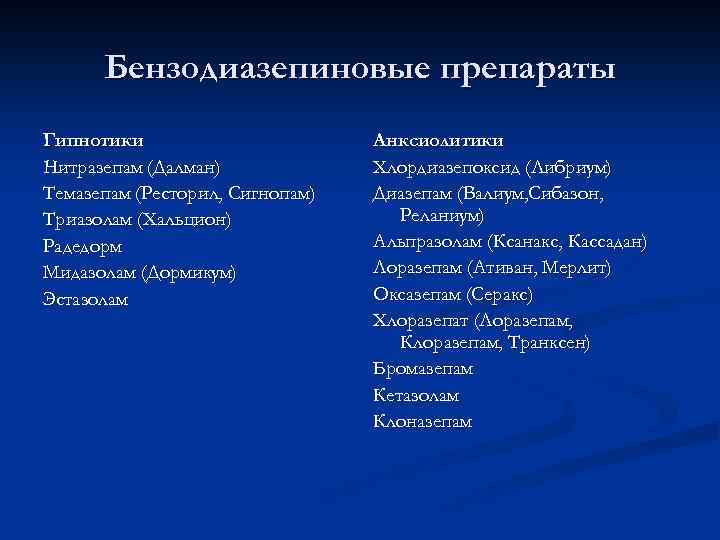 Бензодиазепиновые препараты Гипнотики Нитразепам (Далман) Темазепам (Ресторил, Сигнопам) Триазолам (Хальцион) Радедорм Мидазолам (Дормикум) Эстазолам