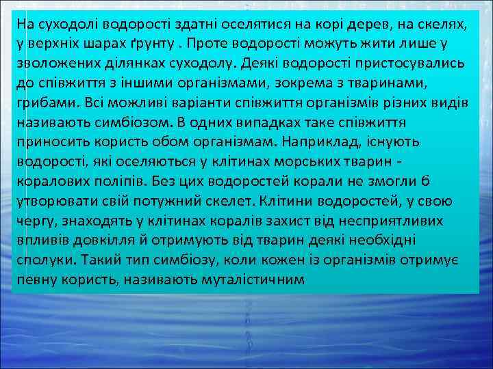 На суходолі водорості здатні оселятися на корі дерев, на скелях, у верхніх шарах ґрунту.