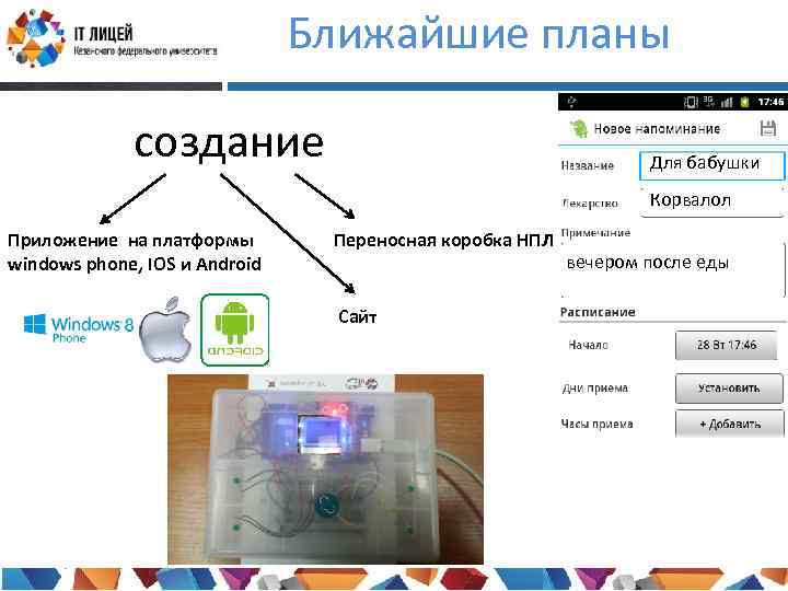 Ближайшие планы создание Для бабушки Корвалол Приложение на платформы windows phone, IOS и Android