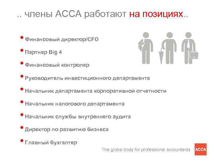 . . члены АССА работают на позициях. . • Финансовый директор/CFO • Партнер Big