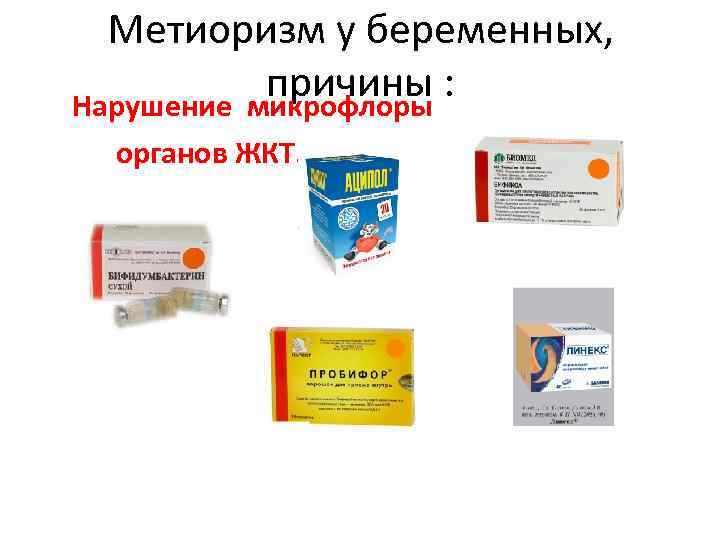 Метиоризм у беременных, причины : Нарушение микрофлоры органов ЖКТ. 
