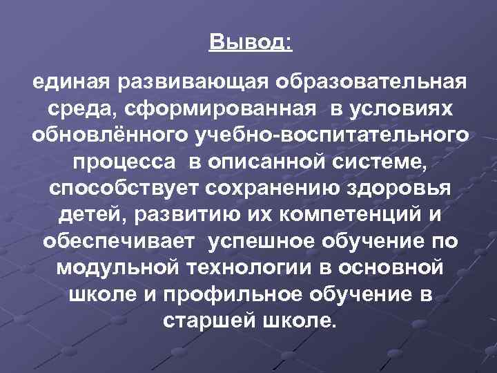 Вывод: единая развивающая образовательная среда, сформированная в условиях обновлённого учебно-воспитательного процесса в описанной системе,