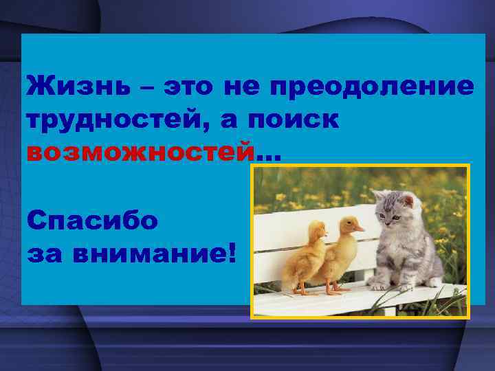 Жизнь – это не преодоление трудностей, а поиск возможностей… Спасибо за внимание! 