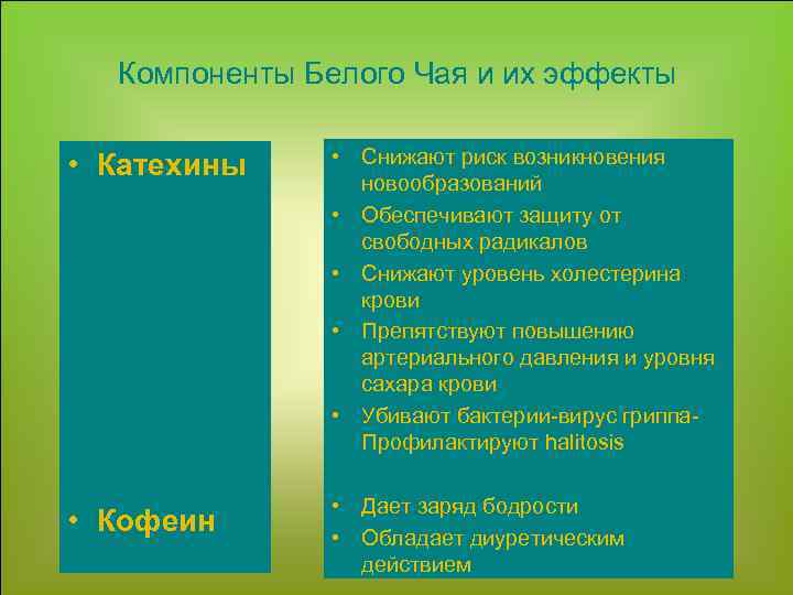 Компоненты Белого Чая и их эффекты • Катехины • Снижают риск возникновения новообразований •