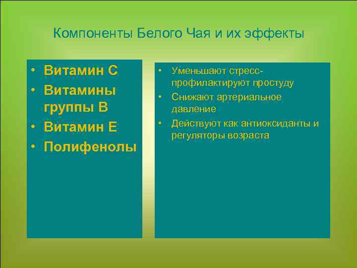 Компоненты Белого Чая и их эффекты • Витамин C • Витамины группы B •