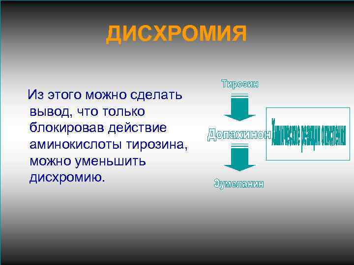 ДИСХРОМИЯ Из этого можно сделать вывод, что только блокировав действие аминокислоты тирозина, можно уменьшить