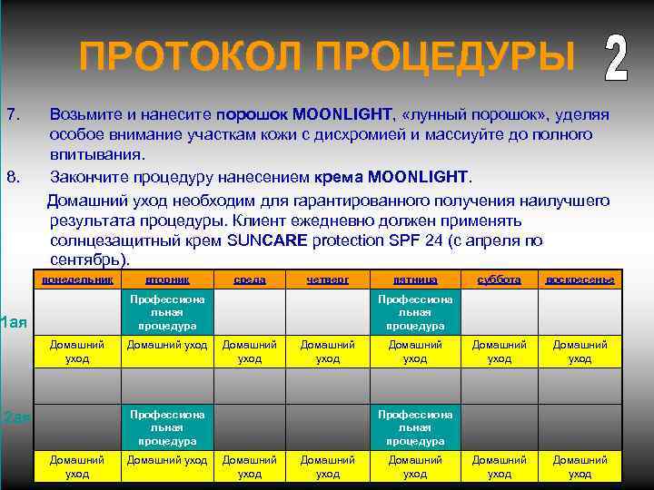 ПРОТОКОЛ ПРОЦЕДУРЫ 7. 8. Возьмите и нанесите порошок MOONLIGHT, «лунный порошок» , уделяя особое