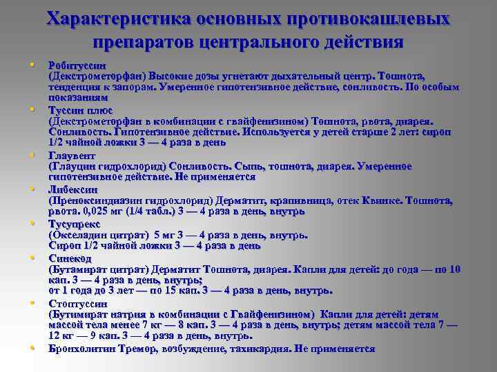 Характеристика основных противокашлевых препаратов центрального действия • Робитуссин • • (Декстрометорфан) Высокие дозы угнетают