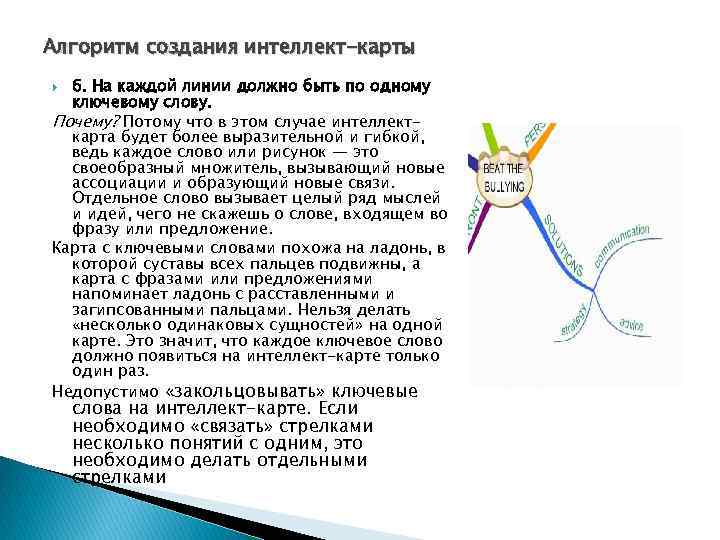 Алгоритм создания интеллект-карты 6. На каждой линии должно быть по одному ключевому слову. Почему?