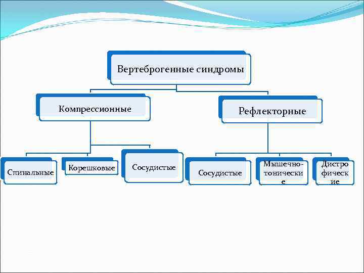 Вертеброгенные синдромы Компрессионные Спинальные Корешковые Рефлекторные Сосудистые Мышечнотонически е Дистро фическ ие 