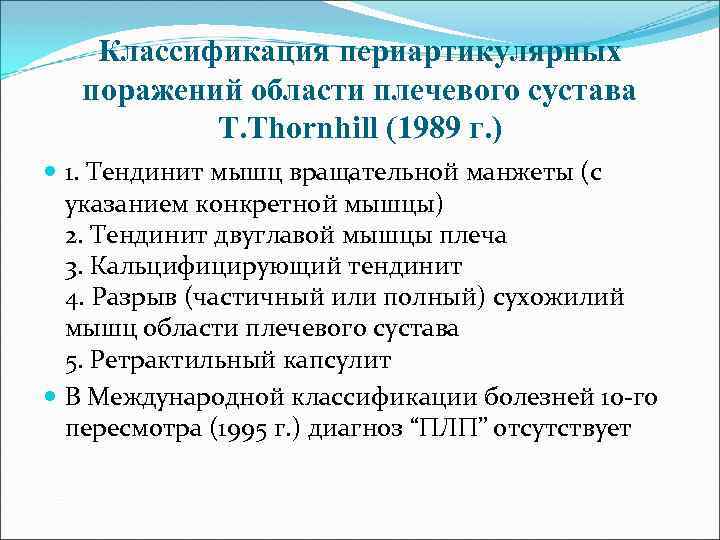 Классификация периартикулярных поражений области плечевого сустава T. Thornhill (1989 г. ) 1. Тендинит мышц
