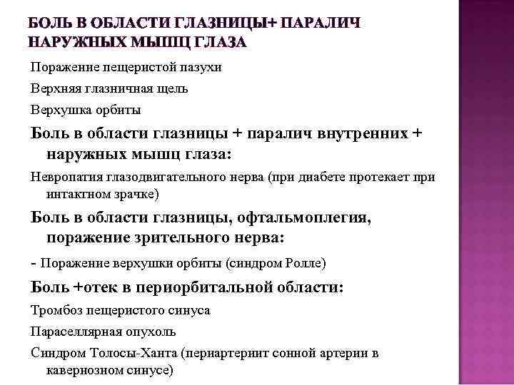 БОЛЬ В ОБЛАСТИ ГЛАЗНИЦЫ+ ПАРАЛИЧ НАРУЖНЫХ МЫШЦ ГЛАЗА Поражение пещеристой пазухи Верхняя глазничная щель