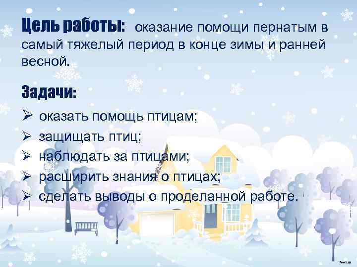Цель работы: оказание помощи пернатым в самый тяжелый период в конце зимы и ранней