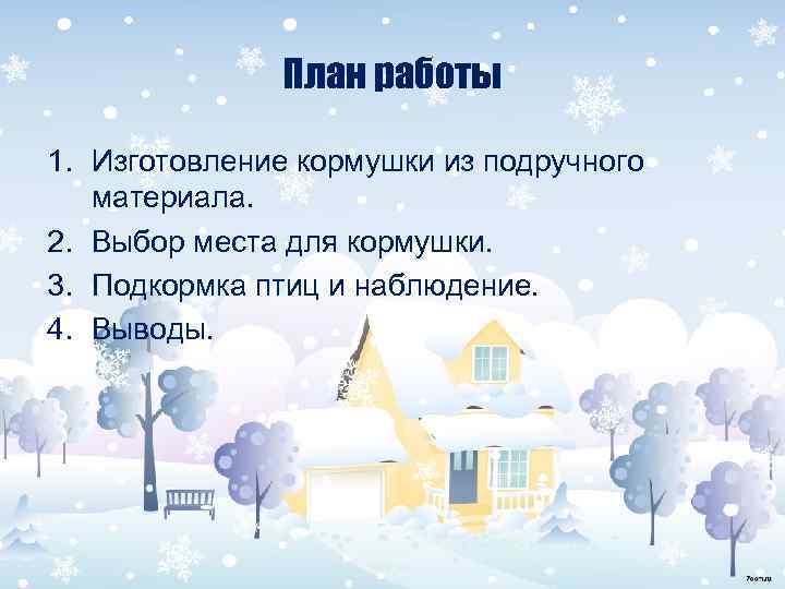 План работы 1. Изготовление кормушки из подручного материала. 2. Выбор места для кормушки. 3.