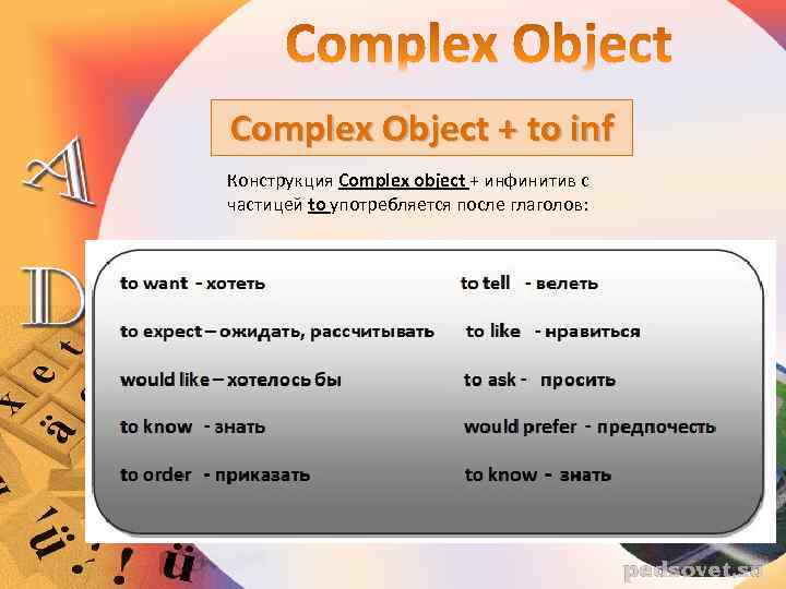 Complex Object + to inf Конструкция Complex object + инфинитив с частицей to употребляется