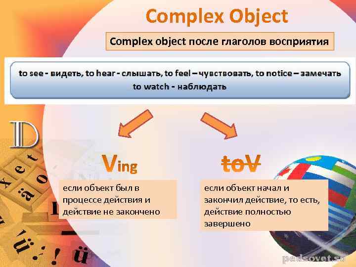 Complex Object Complex object после глаголов восприятия если объект был в процессе действия и