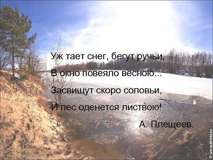 Уж тает снег, бегут ручьи, В окно повеяло весною. . . Засвищут скоро соловьи,