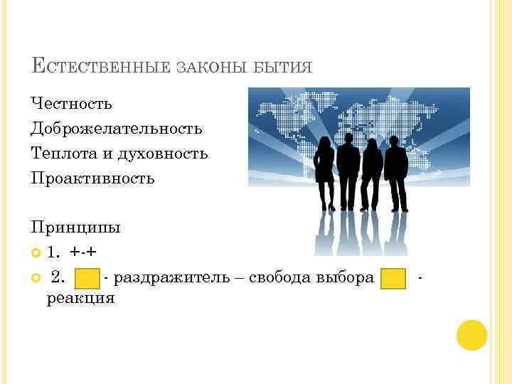 ЕСТЕСТВЕННЫЕ ЗАКОНЫ БЫТИЯ Честность Доброжелательность Теплота и духовность Проактивность Принципы 1. +-+ 2. -