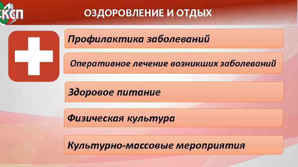 ОЗДОРОВЛЕНИЕ И ОТДЫХ Профилактика заболеваний Оперативное лечение возникших заболеваний Здоровое питание Физическая культура Культурно-массовые