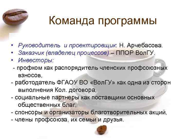 Команда программы • Руководитель и проектировщик: Н. Арчебасова. • Заказчик (владелец процессов) – ППОР