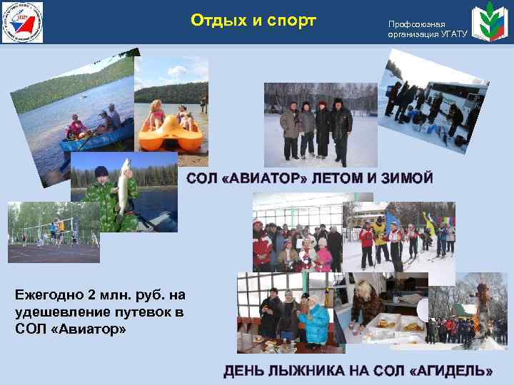 Отдых и спорт Профсоюзная организация УГАТУ СОЛ «АВИАТОР» ЛЕТОМ И ЗИМОЙ Ежегодно 2 млн.