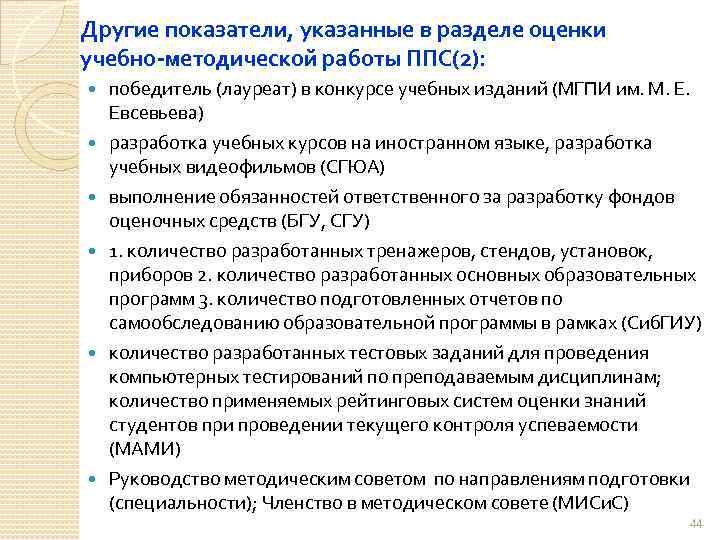 Другие показатели, указанные в разделе оценки учебно-методической работы ППС(2): победитель (лауреат) в конкурсе учебных