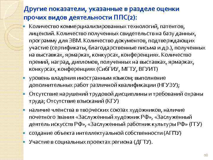 Другие показатели, указанные в разделе оценки прочих видов деятельности ППС(2): Количество коммерциализированных технологий, патентов,