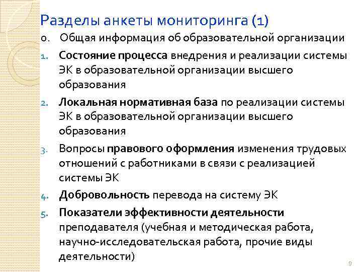 Разделы анкеты мониторинга (1) 0. Общая информация об образовательной организации 1. Состояние процесса внедрения