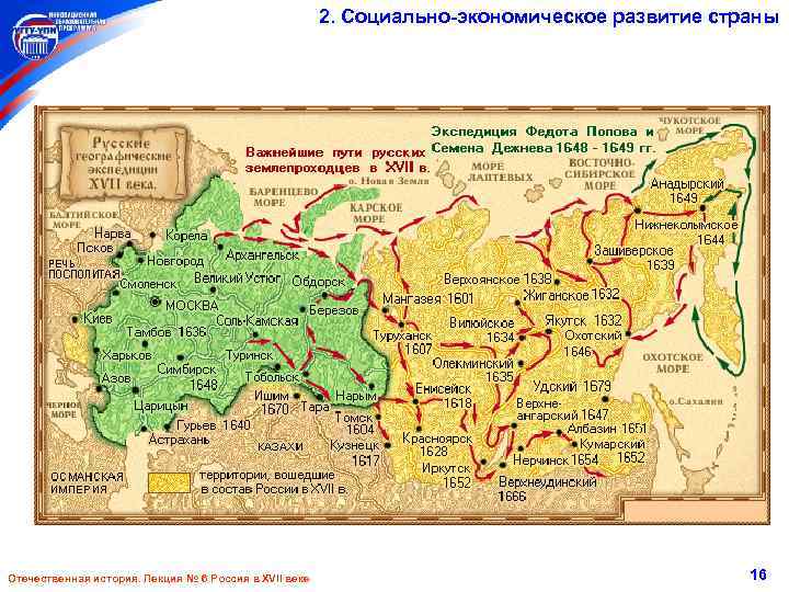 2. Социально-экономическое развитие страны Отечественная история. Лекция № 6 Россия в XVII веке 16