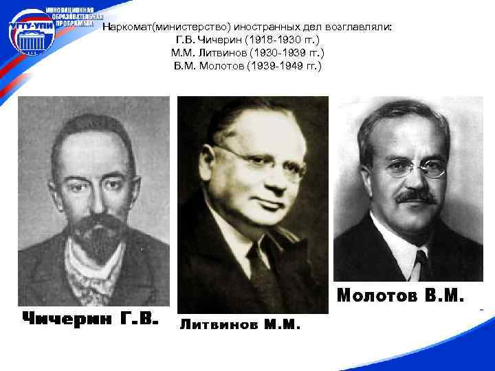 Наркомат(министерство) иностранных дел возглавляли: Г. В. Чичерин (1918 -1930 гг. ) М. М. Литвинов