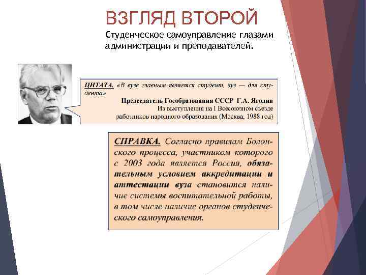 ВЗГЛЯД ВТОРОЙ Студенческое самоуправление глазами администрации и преподавателей. 