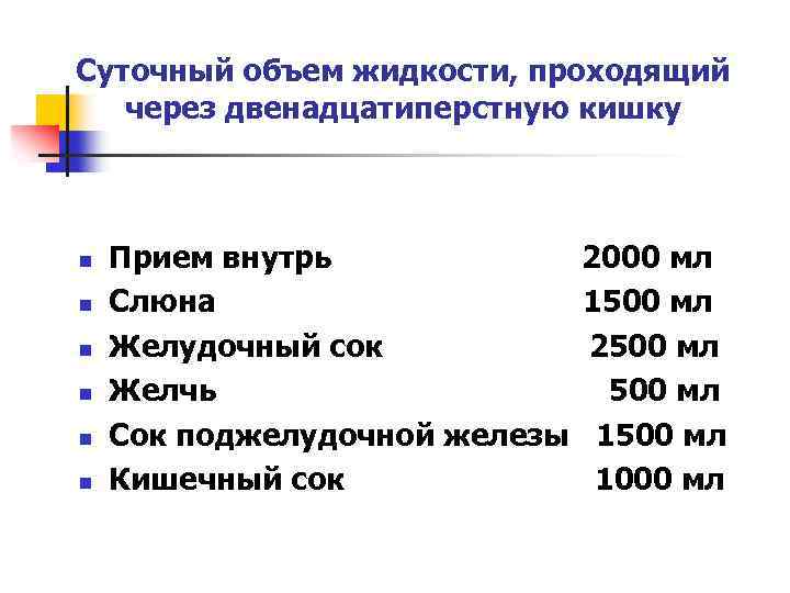 Суточный объем жидкости, проходящий через двенадцатиперстную кишку n n n Прием внутрь 2000 мл