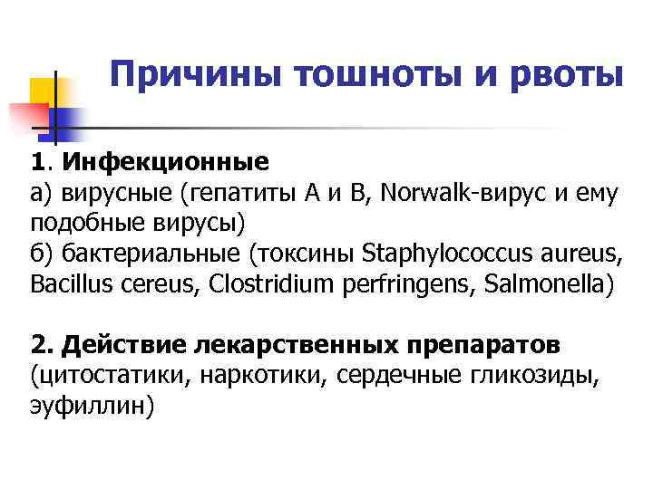 Причины тошноты и рвоты 1. Инфекционные а) вирусные (гепатиты А и В, Norwalk-вирус и