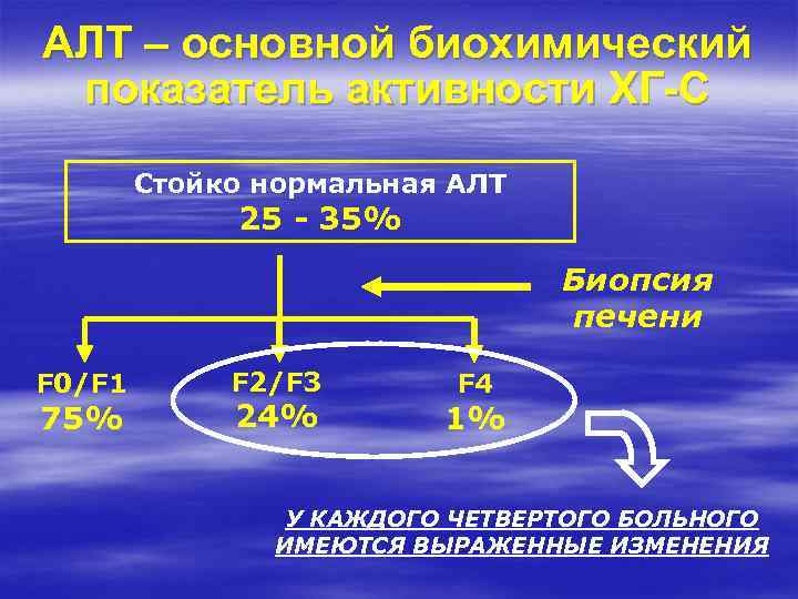 АЛТ – основной биохимический показатель активности ХГ-С Стойко нормальная АЛТ 25 - 35% Биопсия