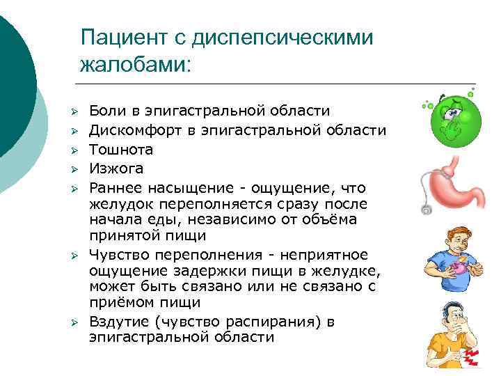 Пациент с диспепсическими жалобами: Ø Ø Ø Ø Боли в эпигастральной области Дискомфорт в