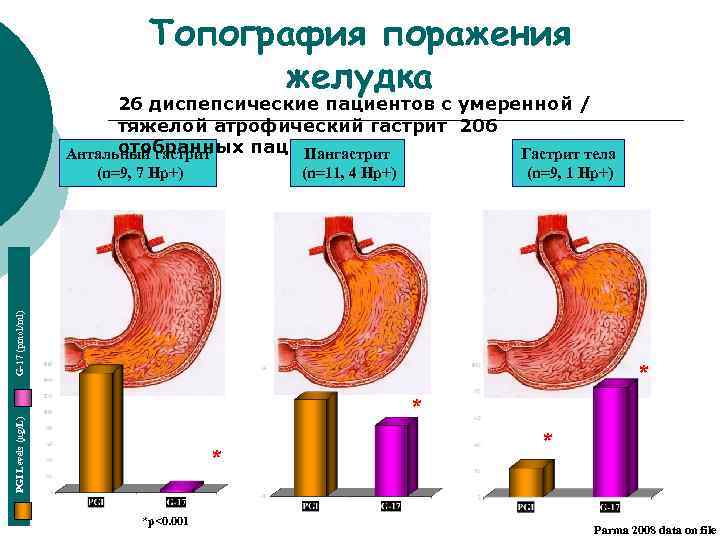 Топография поражения желудка 26 диспепсические пациентов с умеренной / тяжелой атрофический гастрит 206 отобранных