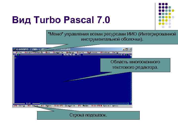 Вид Turbo Pascal 7. 0 "Меню" управления всеми ресурсами ИИО (Интегрированной инструментальной оболочки). Область