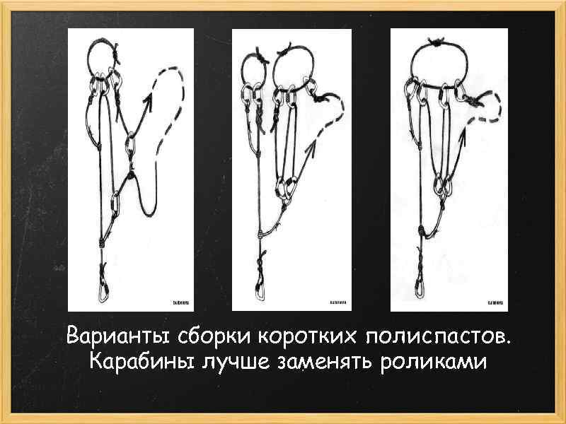 Варианты сборки коротких полиспастов. Карабины лучше заменять роликами 